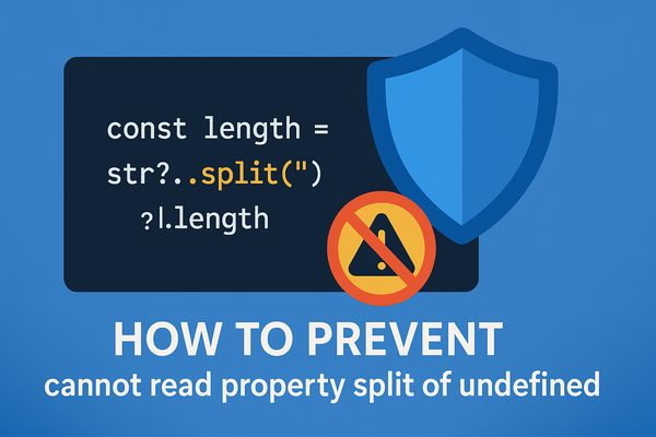 Vector graphic of a JavaScript code snippet with str?.split() highlighted, shield icon, and a crossed-out warning badge.