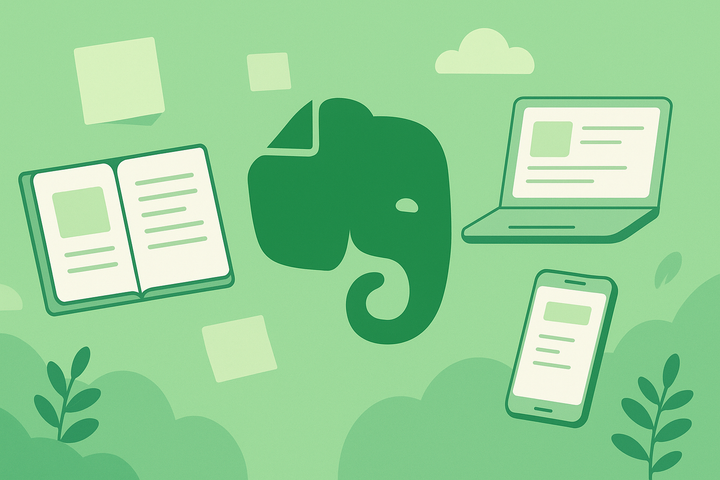Green Evernote elephant logo surrounded by a digital notebook, laptop, smartphone, and sticky notes on a green gradient background